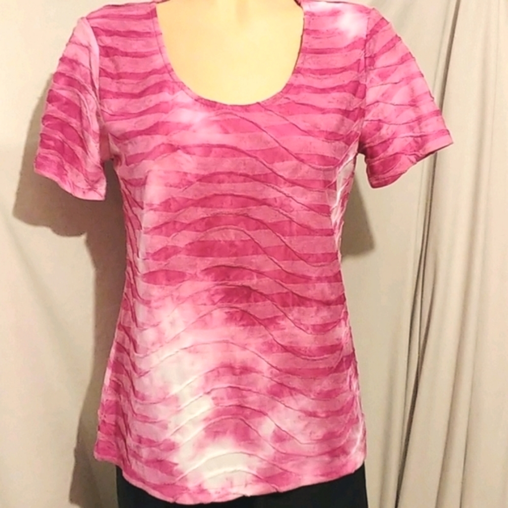 JM collection Pink and White textured dressy blouse